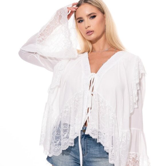 WOMEN'S LONG BELL SLEEVE V-NECK HIGH-LOW LACE BLOUSE - Picture 6 of 12